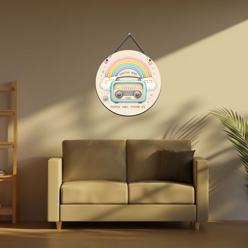 Retro Radio Theme Wall Art with Hanging Chain, Positive Vibes Quote Wall Art for Bedroom and Study Room, Unique Gift, Office Wall Decoration Items Multicolor